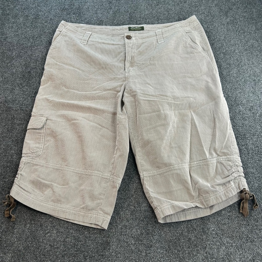 Eddie Bauer Capri Pants Womens 16 Brown White Striped Cotton Cargo Hiking Summer